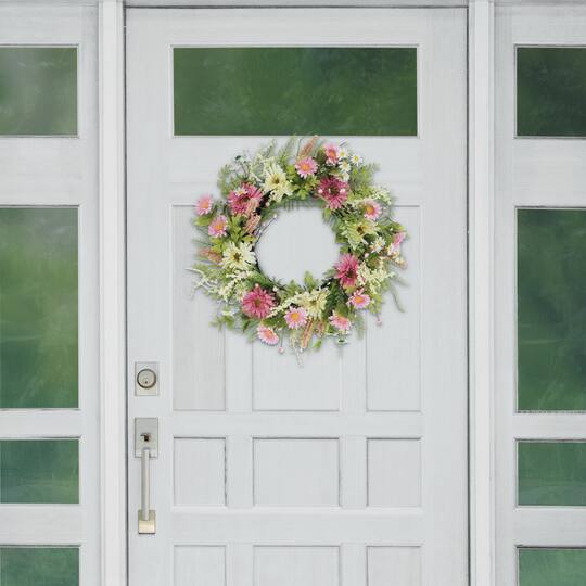 24" Pink Mum & Daisy Floral Spring Wreath